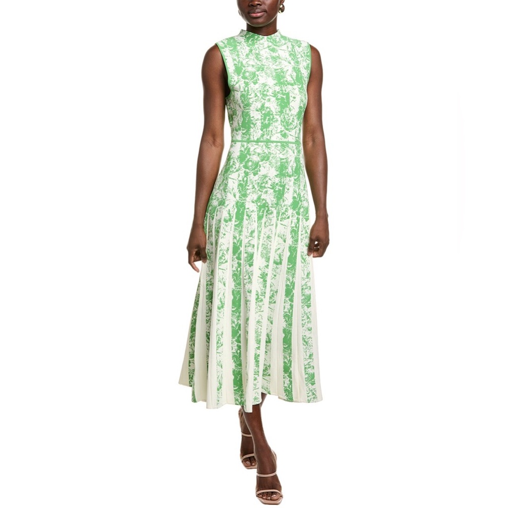 Lela Rose Pleated Jacquard Mock Neck Midi Dress